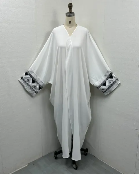 Design Abaya with Geometric Embroidery White Outerwear - 19