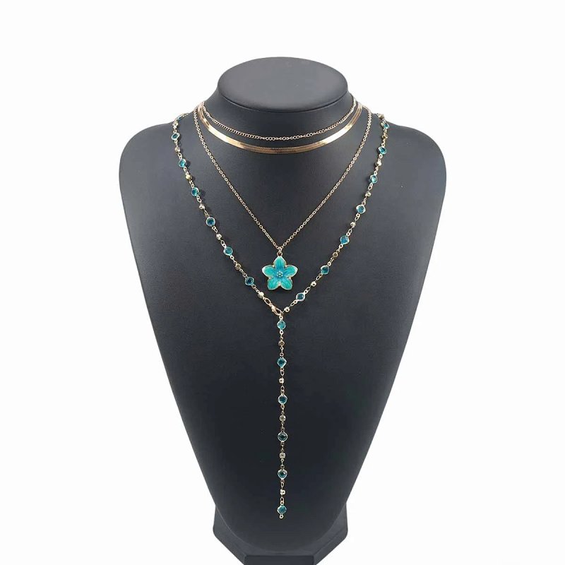 Layered Cherry Blossom Pendant Necklace Set Pink Gold Jewelry