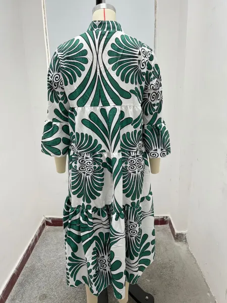 Design Tropical Leaf Print Shirt Dress in Cream and Green - 9
