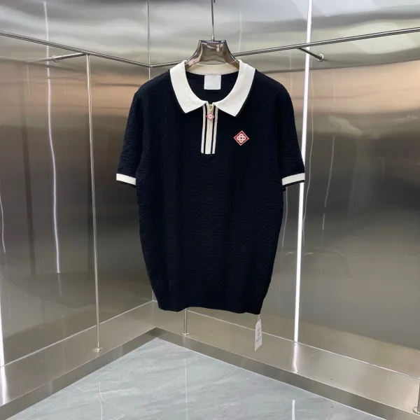 Design Knit Polo Shirt with Contrasting Collar and Zip Placket in Black Tops Polo - 12