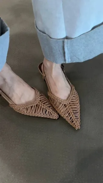 Bottega Veneta Woven Leather Slingback Flats Beige Leather Shoes - 5