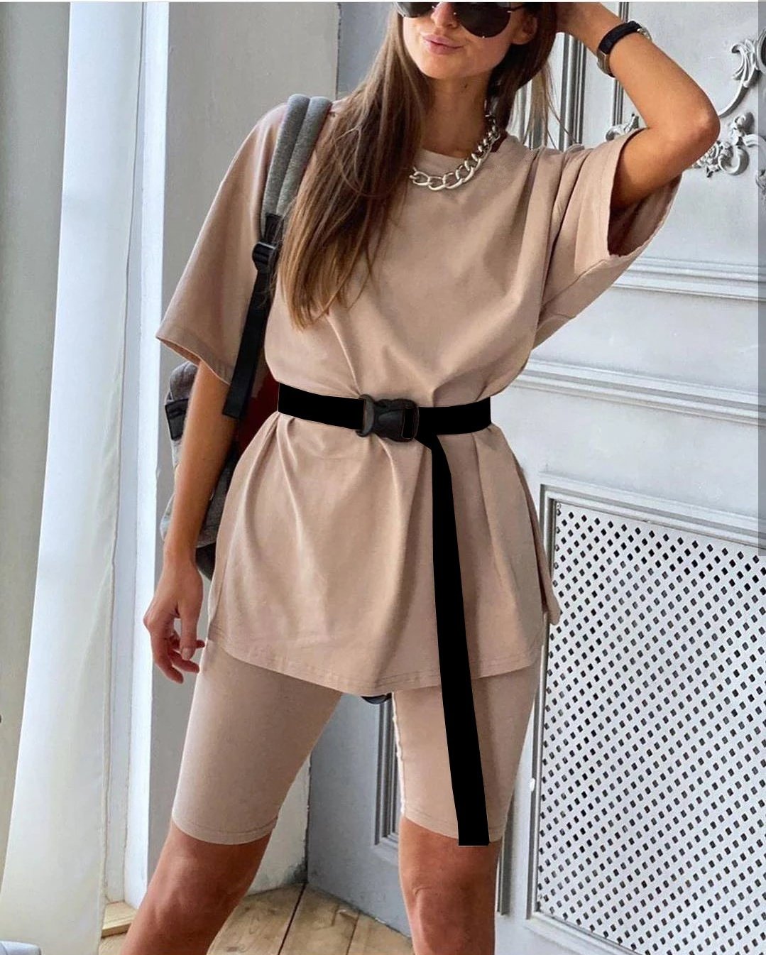 Essentials Oversized T-Shirt and Biker Shorts Set Sage Green Activewear - 8