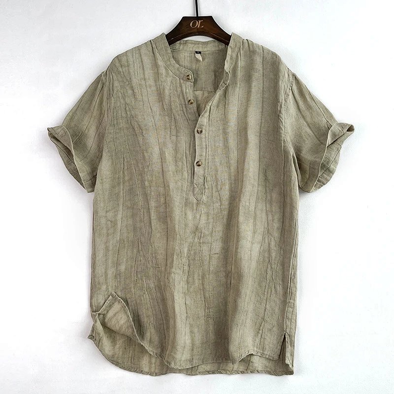 Henley Shirt Olive Green Linen Blend
