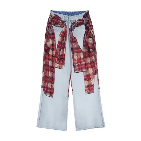Design Plaid-Print Wide-Leg Denim Pants Jeans - 1