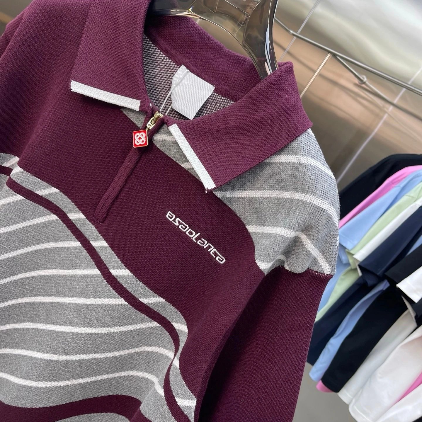 Casablanca Half-Zip Polo Burgundy Gray Striped Knit Polo Polo Shirt - 7