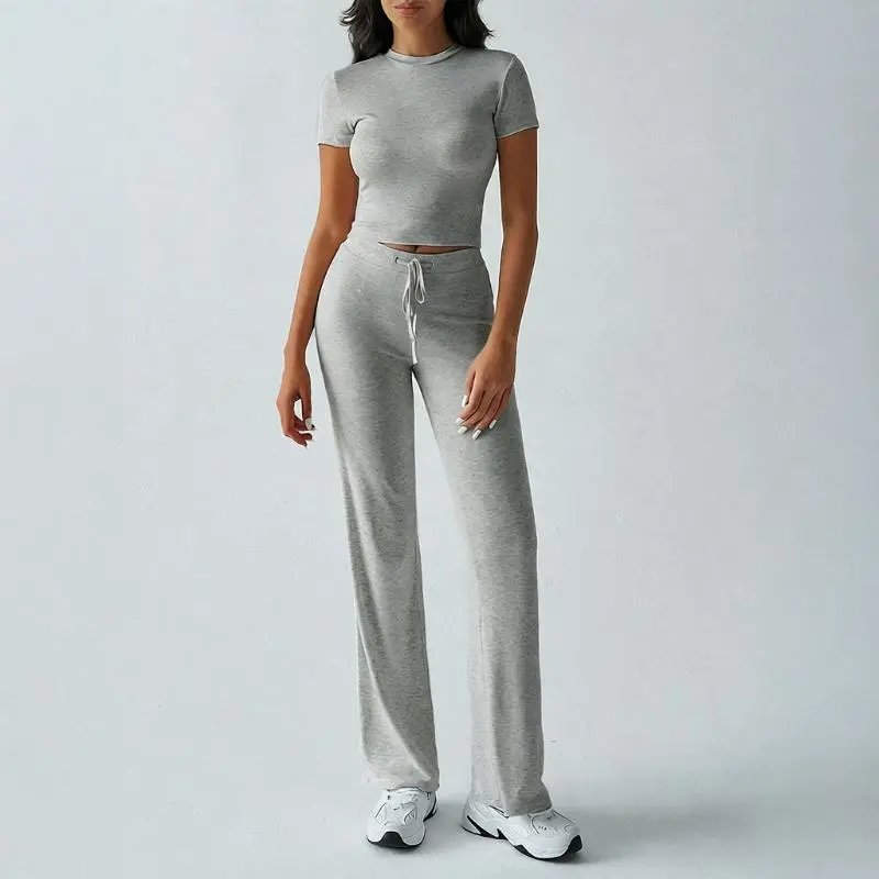 Cropped Tee and Wide-Leg Sweatpants Set Gray