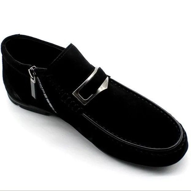 Black Suede Loafer with Metal Buckle and Side Zipper Warm Lined Slip On Shoe