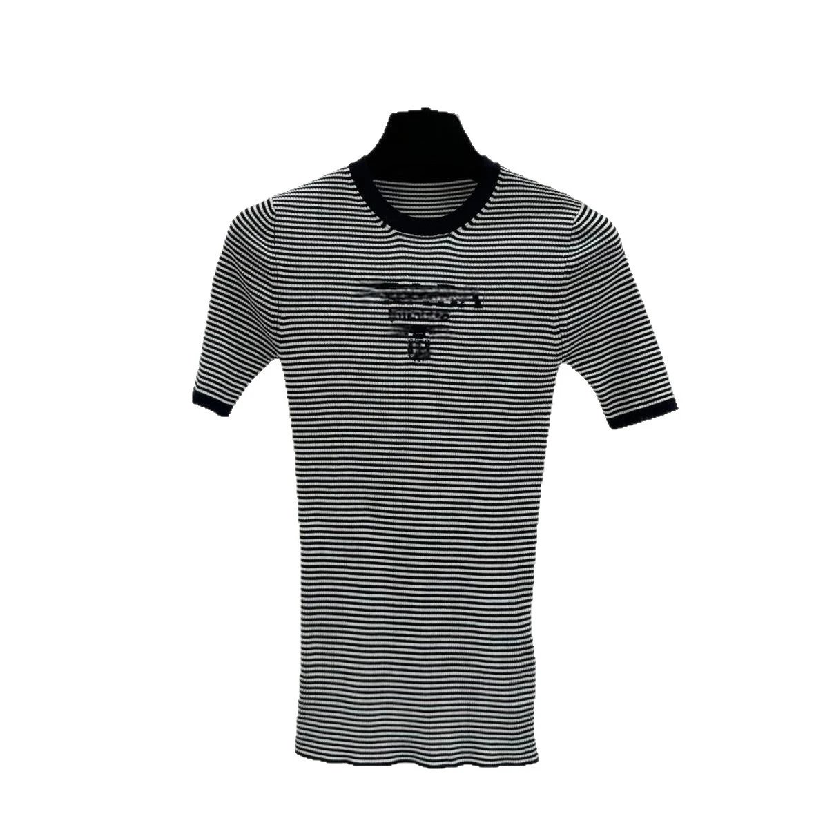 Striped Ribbed Knit Tee Black and White Graphic Casual Top
