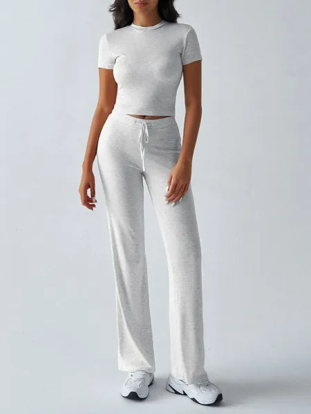 Design Cropped Tee and Wide-Leg Joggers Set Navy Blue - 15