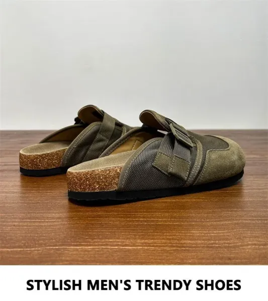 Design Buckle Strap Mule in Army Green Mesh and Suede Slippers - 4