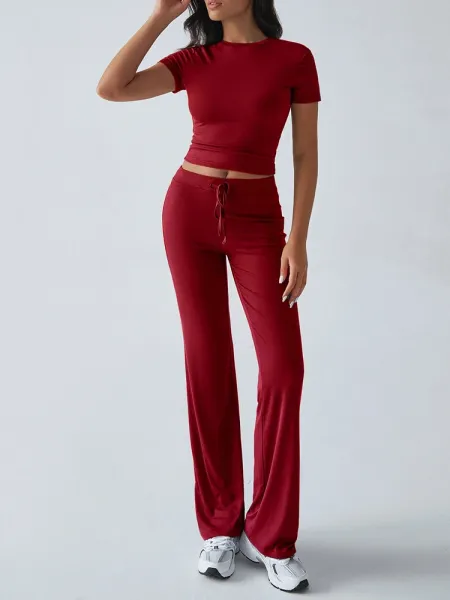 Design Cropped Tee and Wide-Leg Joggers Set Navy Blue - 23