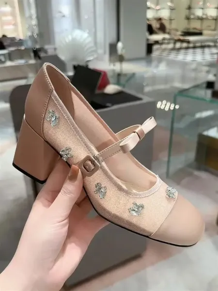 Dior Mary Jane Block Heel in Blush Pink with Crystal Embellishments - 10