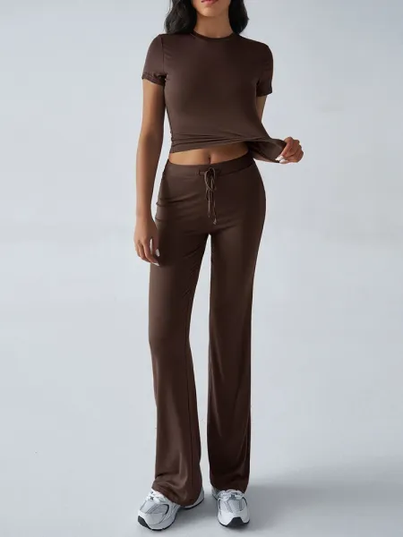 Design Cropped Tee and Wide-Leg Joggers Set Navy Blue - 27