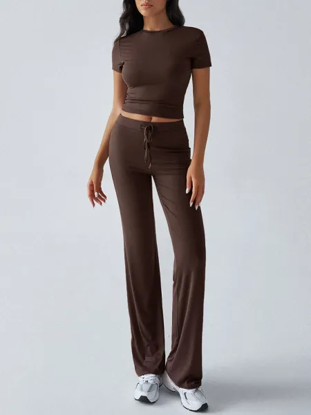 Design Cropped Tee and Wide-Leg Joggers Set Navy Blue - 28