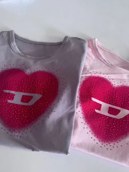 Design Heart Graphic Rhinestone Embellished Pink T-Shirt - 8