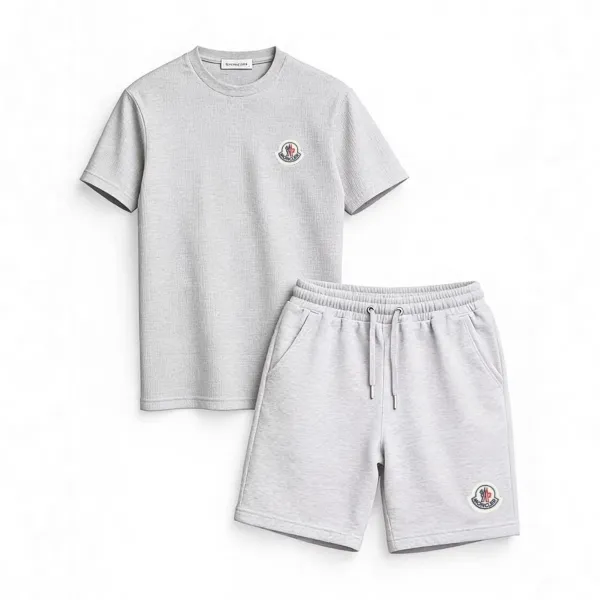 Moncler Logo-Embroidered Gray Ribbed T-Shirt and Sweatshorts Set - 12