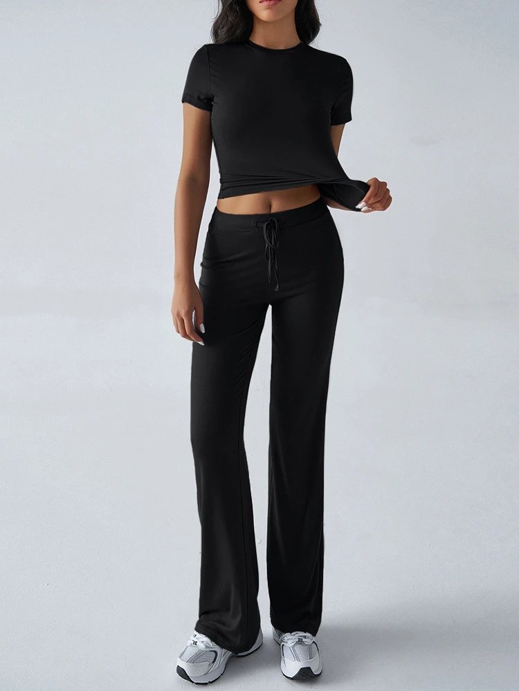 Design Cropped Tee and Wide-Leg Joggers Set Navy Blue - 39