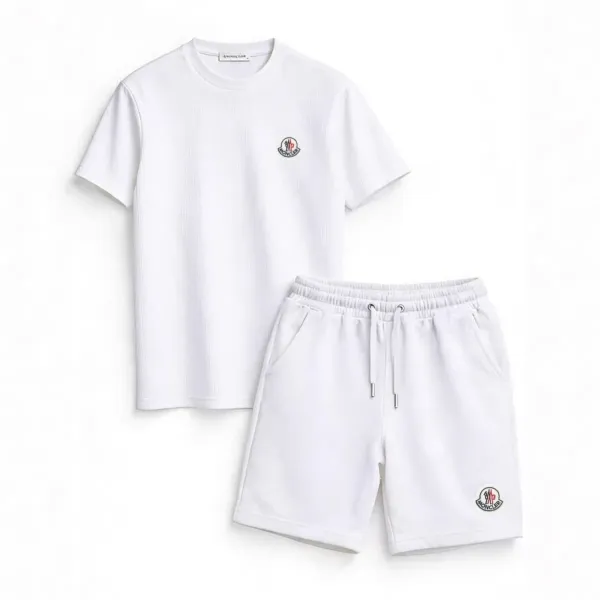 Moncler Logo-Embroidered Gray Ribbed T-Shirt and Sweatshorts Set - 13