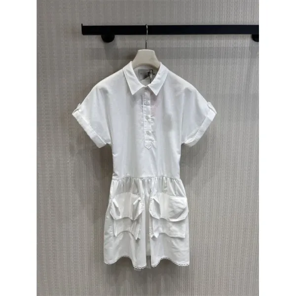 Design White Collared Shirt-Dress with Tiered Hem and Patch Pockets Shirt Dress - 1