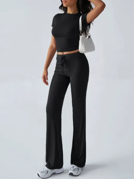 Design Cropped Tee and Wide-Leg Joggers Set Navy Blue - 42
