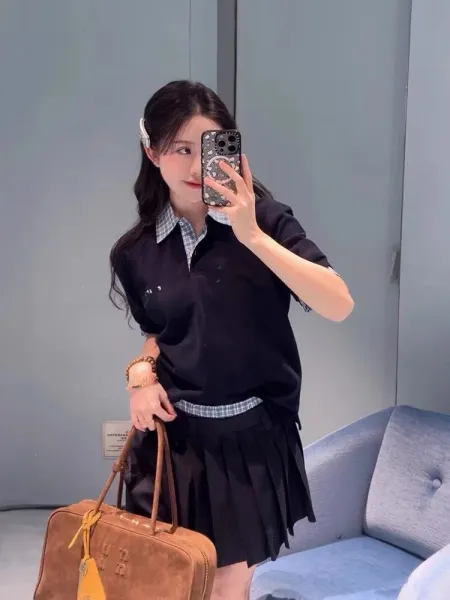 Design Layered Collar Polo Shirt Black with Gingham Trim Tops.polo - 7