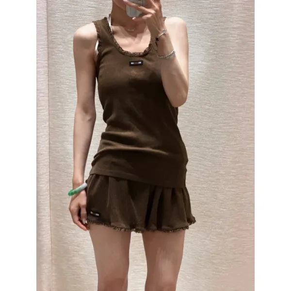 Design Ribbed Lace-Trim Tank Top and Skirt Set Brown - 1