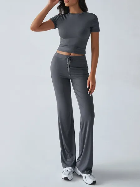 Design Cropped Tee and Wide-Leg Joggers Set Navy Blue - 47