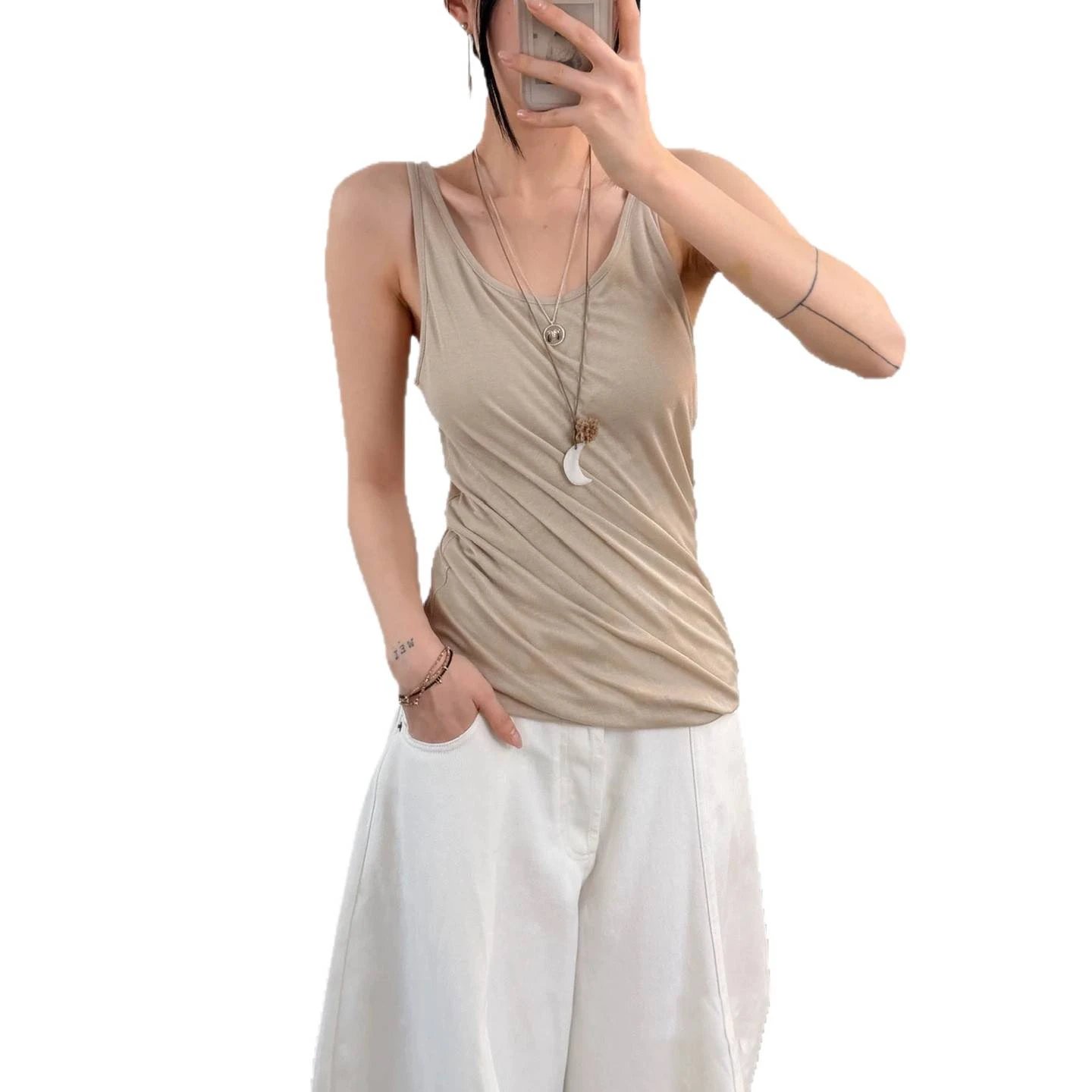 Cotton Blend Ruched Tan Sleeveless Tank Top