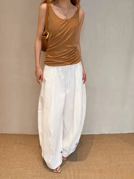 Design Basic Ruched Tank Top Beige + Wide-Leg White Pants Vest Top - 3