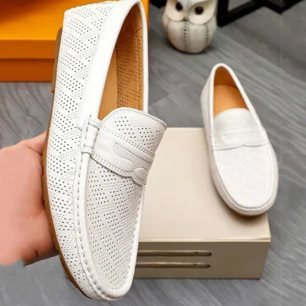 Design Perforated Penny Loafers White Casual Shoes - 4