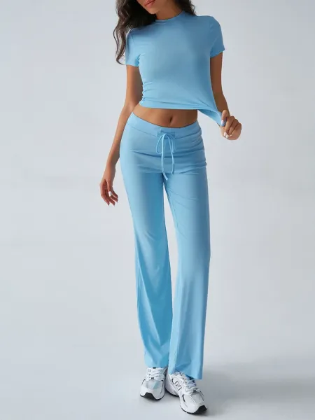 Design Cropped Tee and Wide-Leg Joggers Set Navy Blue - 59