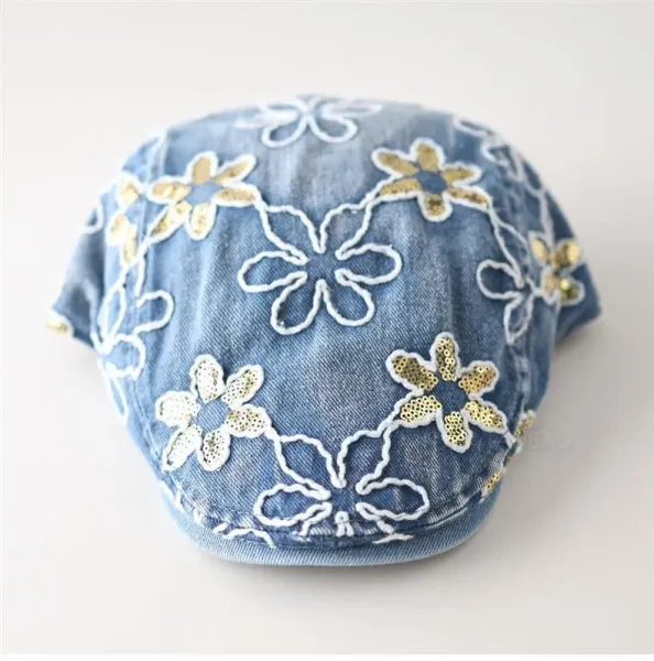 Design Floral Embroidered Denim Flat Cap Black Hats - 3