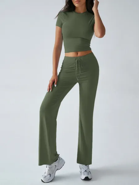 Design Cropped Tee and Wide-Leg Joggers Set Navy Blue - 64