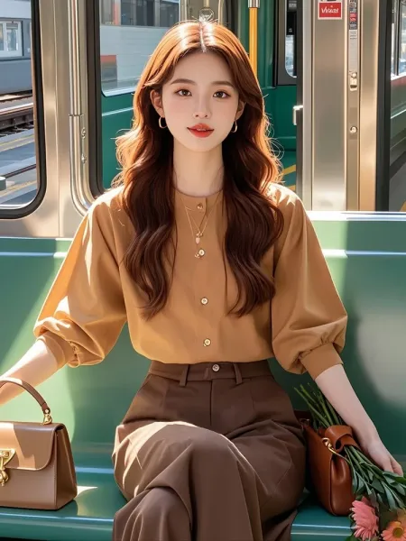 Design Button-Up Blouse in Camel with Puffed Sleeves and High-Waisted Brown Trousers Shirt - 5