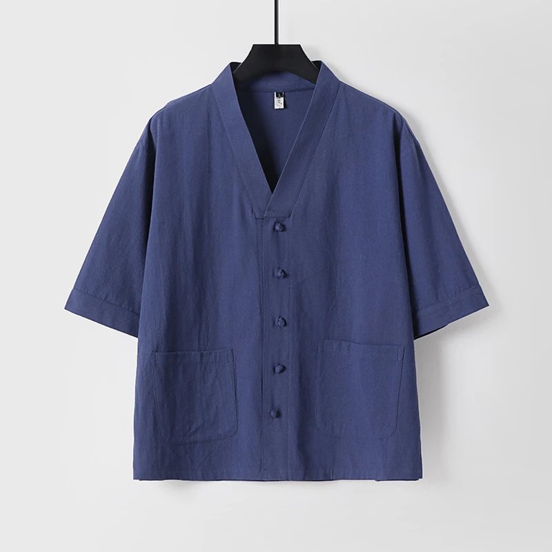 Design V-Neck Linen Button-Up Shirt Beige Tops.shirt - 4