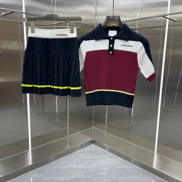 Casablanca Color-Block Knit Polo and Pleated Skirt Set in Navy, Burgundy, White, and Yellow - 1