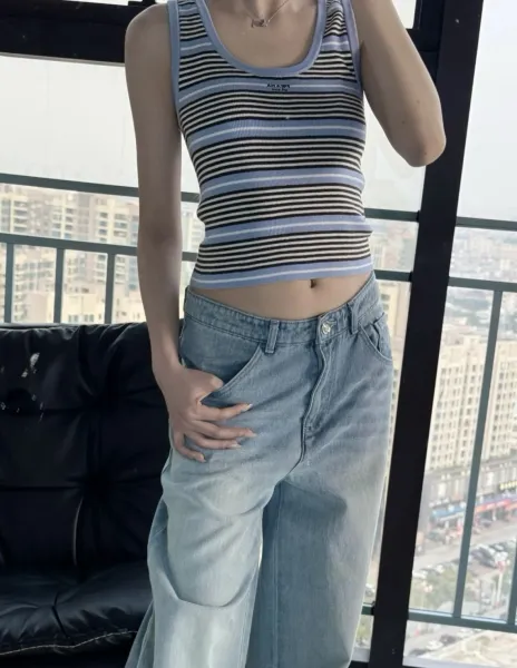 Design Striped Knit Crop Tank Top in Sky Blue, Black, and White Vest Top - 7