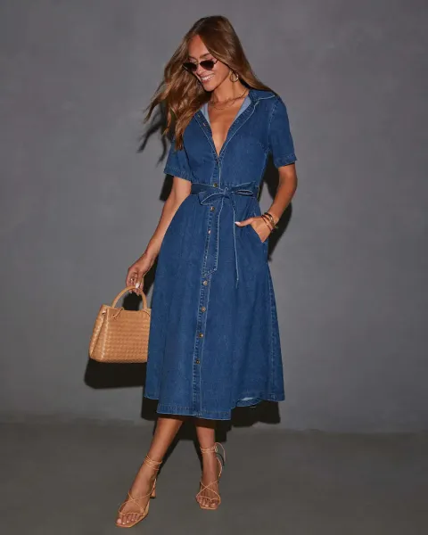 Design Denim Shirt Dress with Belted Waist in Deep Blue Dress - 24