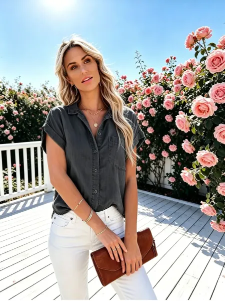 Design Light Wash Denim Shirt with Roll-Up Sleeves and Chest Pocket in Blue Tops Shirt - 12
