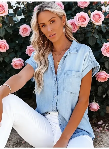 Design Light Wash Denim Shirt with Roll-Up Sleeves and Chest Pocket in Blue Tops Shirt - 13