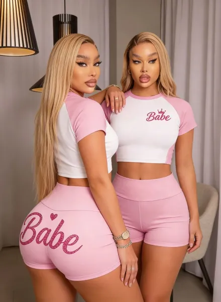 Design Babe Logo Crop Top and Glitter Shorts Set Pink Sets - 11