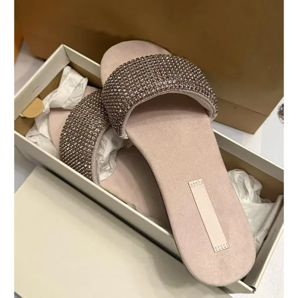 Design Crystal-Embellished Suede Slide Sandals in Blush Pink Slippers - 2