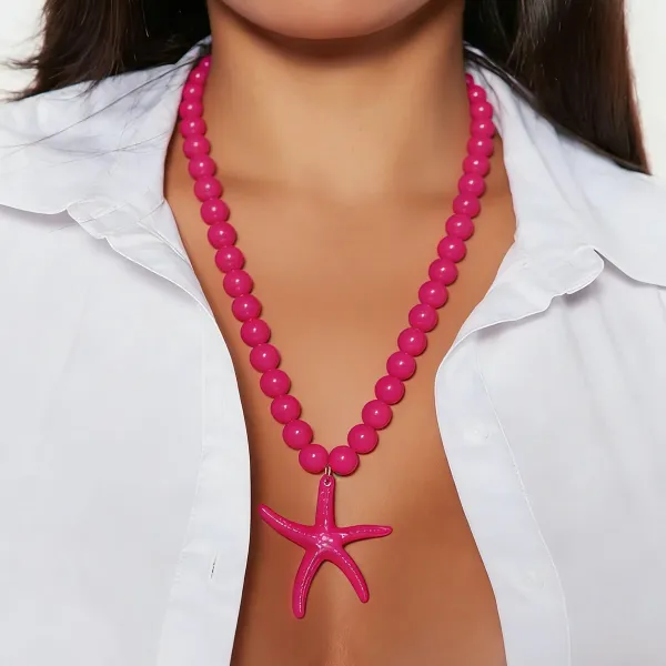 Design Starfish Pendant Necklace with Red Resin Beads Jewelry - 17