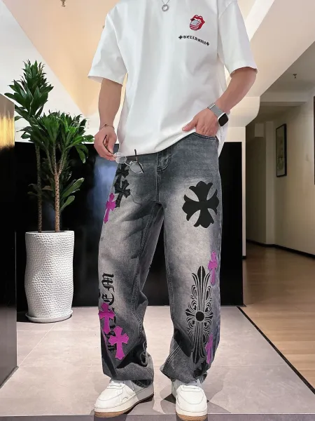 Chrome Hearts x Custom Cross-Embroidered Gray Washed Jeans - 1