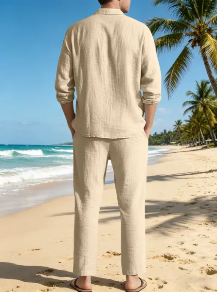 Design Linen Shirt and Drawstring Pants Set White Casual Set - 18