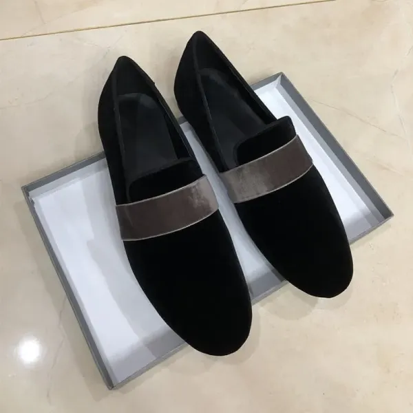 Design Black Velvet Loafers with Taupe Strap Slip-On Shoes Loafers - 2