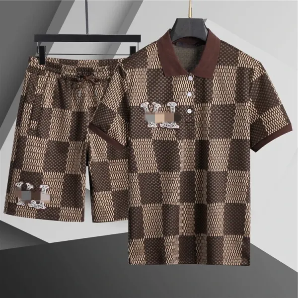 Design Checkerboard Print Polo and Shorts Set Brown Beige - 1