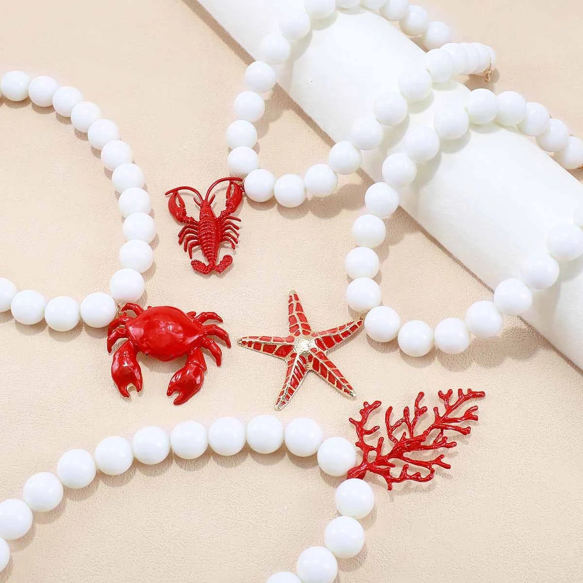 Design Starfish Pendant Necklace with Red Resin Beads Jewelry - 34