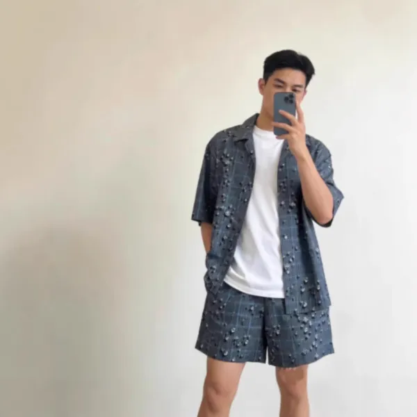 Design Plaid Embellished Shorts Blue Gray - 4