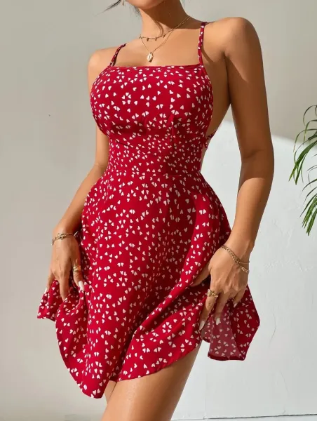 Design Floral Print Heart Pattern Spaghetti Strap A-Line Dress - 18
